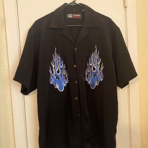 Sapphire Lounge blue embroidered flames VTG bowling shirt Large 90’s rockabilly